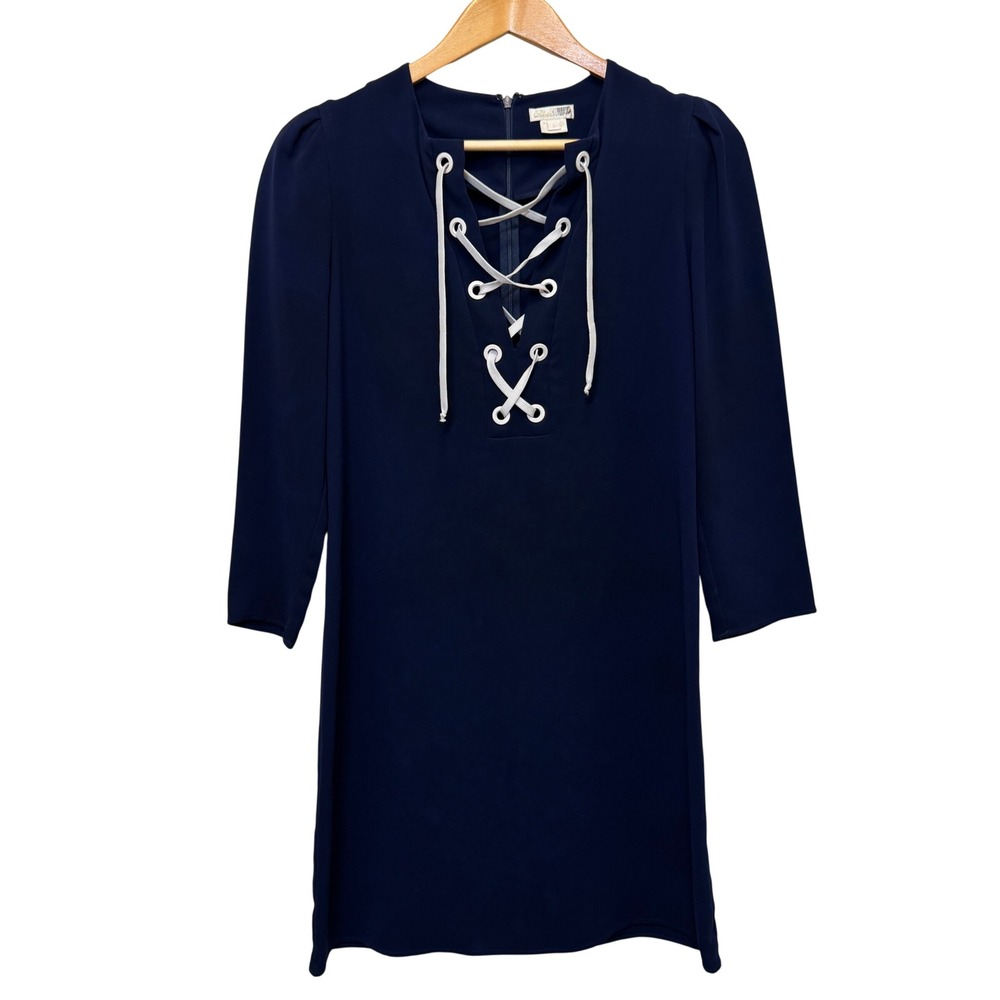 Shoshanna Navy Nikko Dress Size 0 Blue Crepe Lace Up Nautical Preppy Coastal
